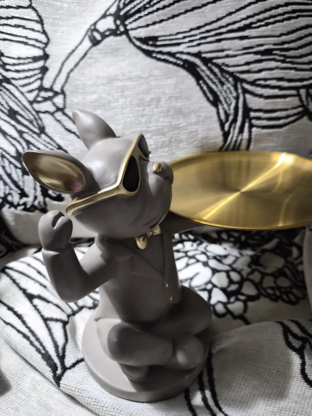 Gray French Bulldog Jewelry Dish with Gold Tray